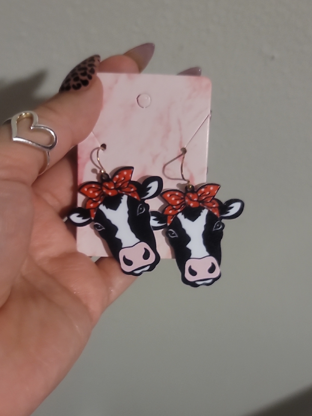 Pink & Black Cow Face Earrings with Red Bow